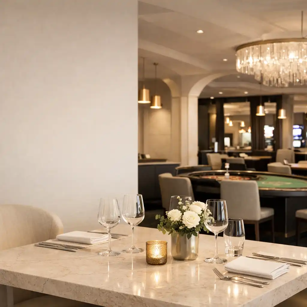 Jasne wnętrze Grand Royale z kamiennym stołem restauracyjnym i subtelnie widoczną strefą fizycznych stołów do gry