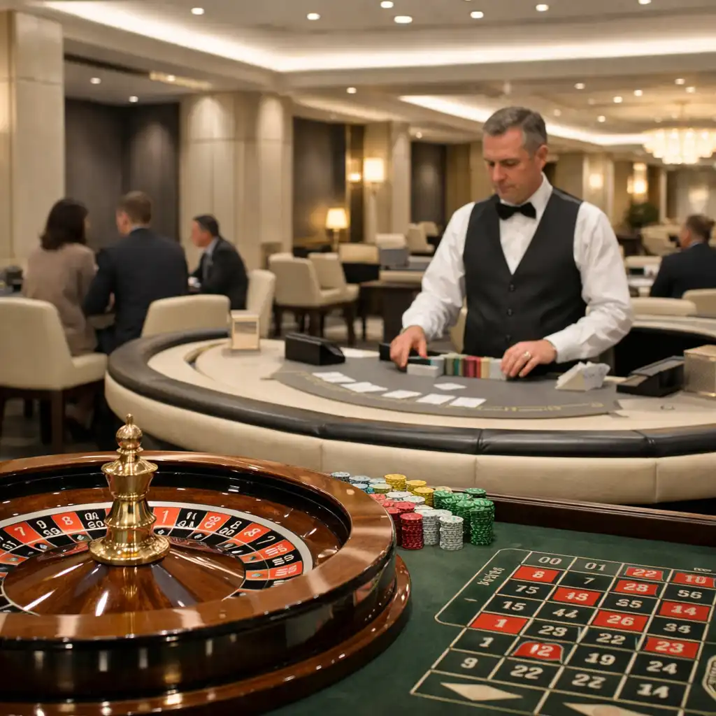 Fizyczny stół ruletki i stół blackjacka z profesjonalnym krupierem w Grand Royale