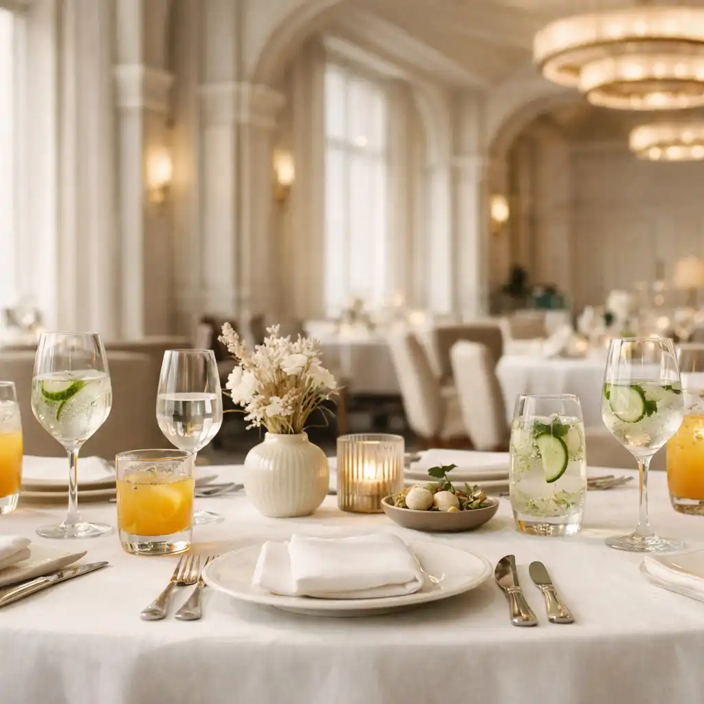 Nakryty stół z jasnym lnem i szkłem w restauracji Grand Royale