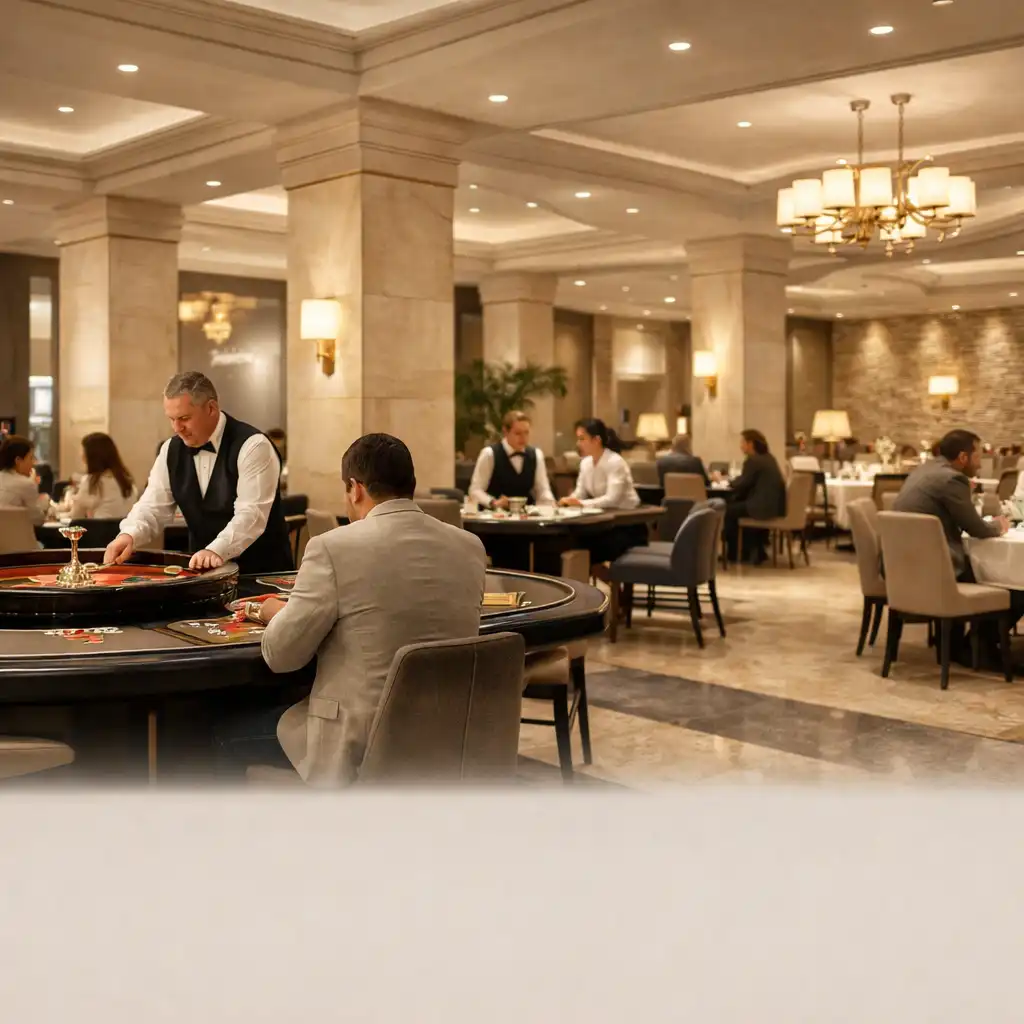 Jasna sala Grand Royale z dyskretnie widocznymi stołami gry i gośćmi w stroju smart casual